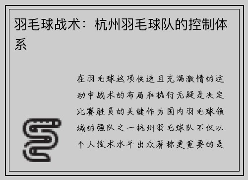 羽毛球战术：杭州羽毛球队的控制体系