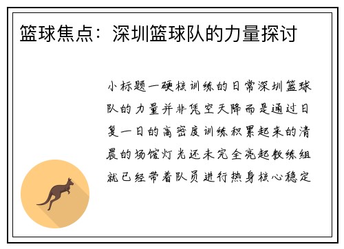篮球焦点：深圳篮球队的力量探讨